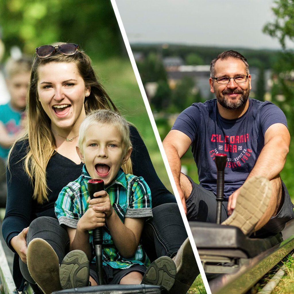 Geteiltes Bild, eine junge Frau mit einem kleinen Jungen am Sommerrodeln auf der linken Seite und ein Mann mittleren Alters am Sommerrodeln auf der rechten Seite.